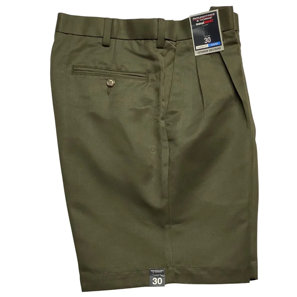 Roundtree & Yorke Travel Smart Mens Pleated Shorts‎ Expander Waistband 30 NWT